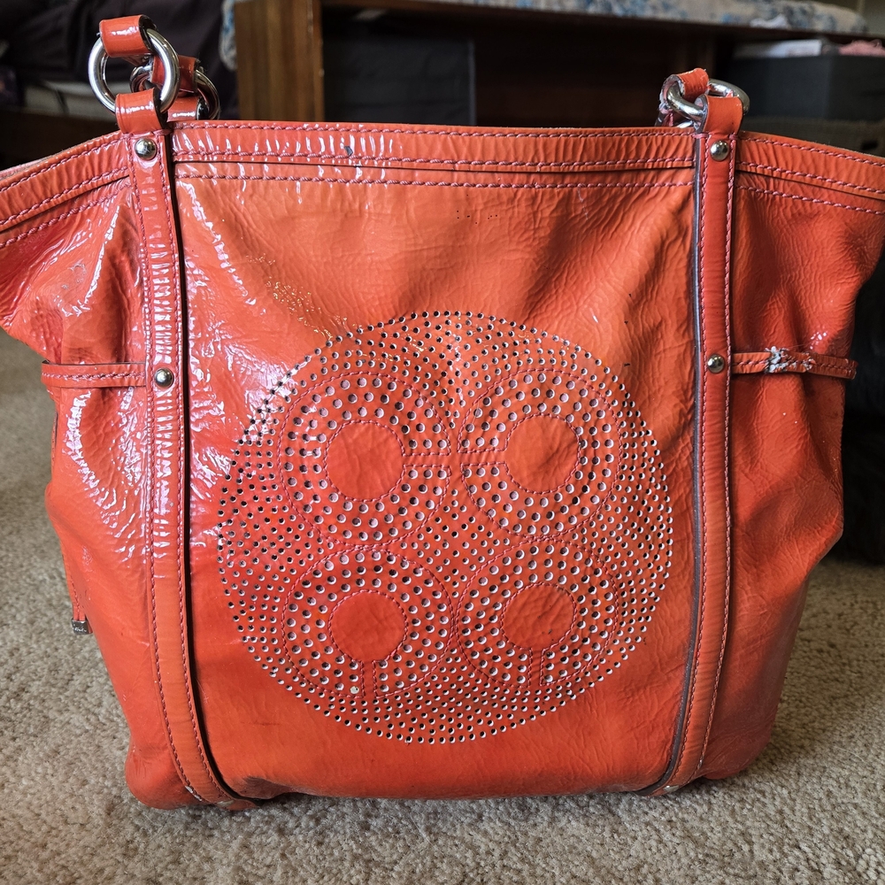 Coach Orange Audrey OP Art 19571 Coral Patent Leather Bag Tote Purse READ
